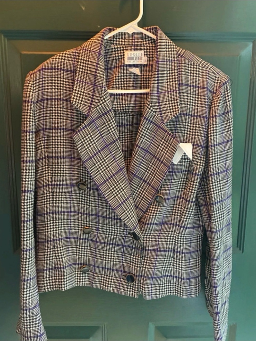 Leslie Fay Double-Breasted Plaid Blazer in Black, White & Purple